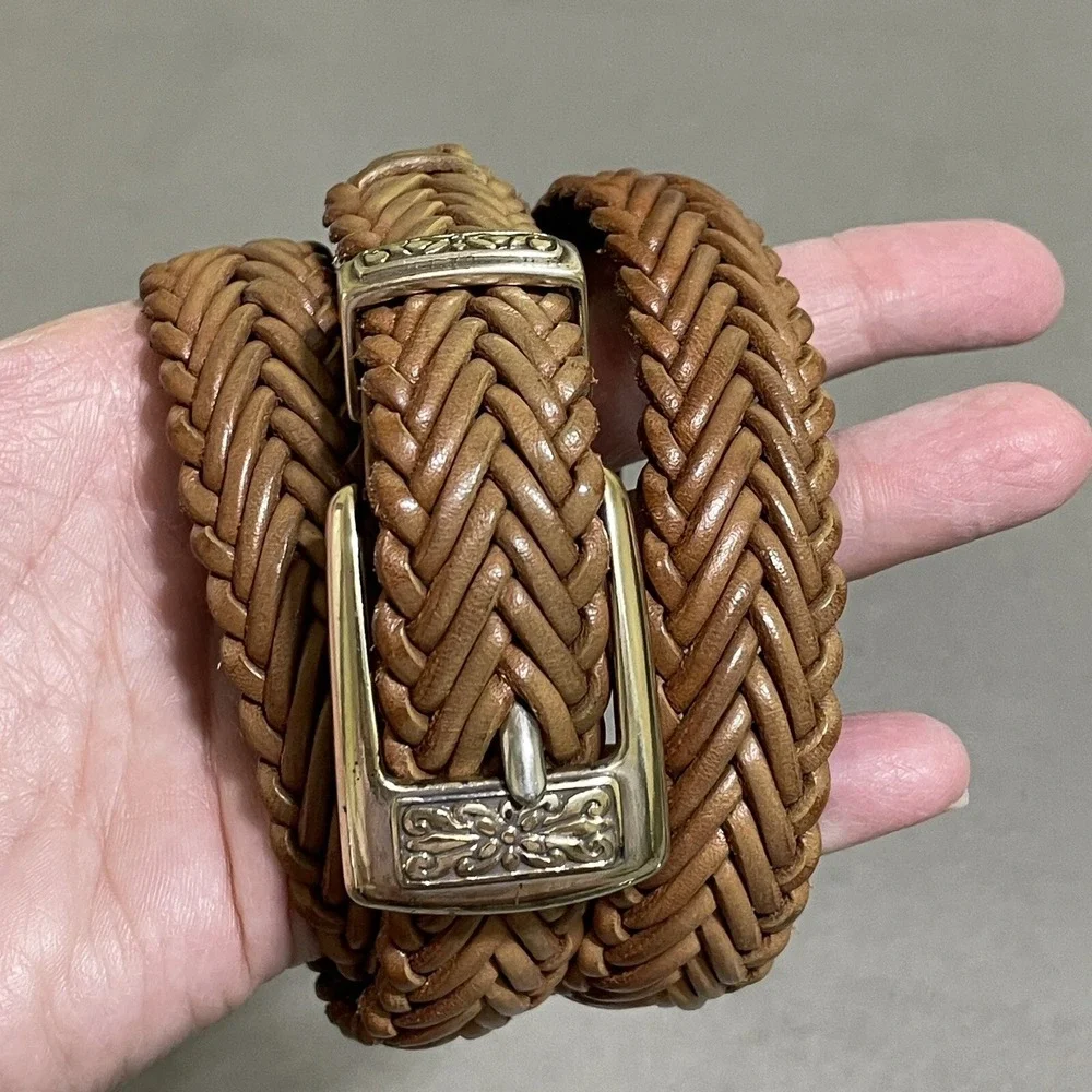 Vintage Leather Braided Belt Silver Hardware Brown Women's‎ Adjustable 90s Woven